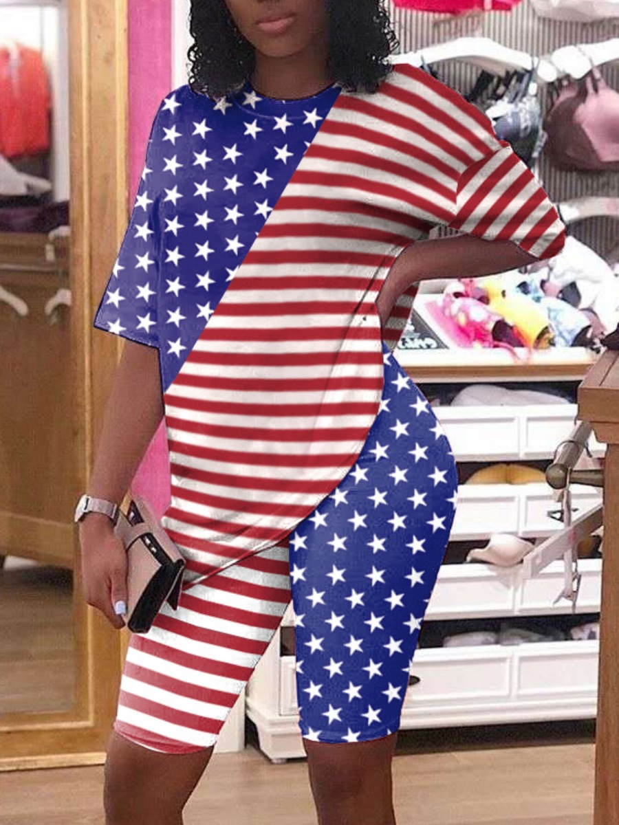 

LW BASICS Street American Flag Star Print Red Two Piece Shorts Set