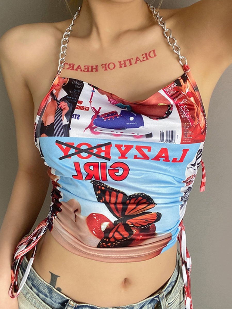 

Lovely Street Butterfly Print Chain Decoration Drawstring Multicolor Camisole, Multi