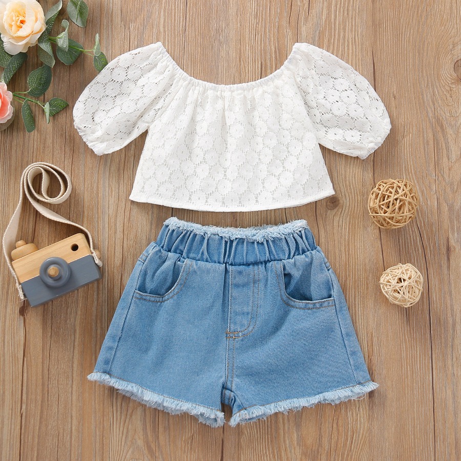 

Lovely Girl Sweet Hollow-out Raw Edge White Two Piece Shorts Set