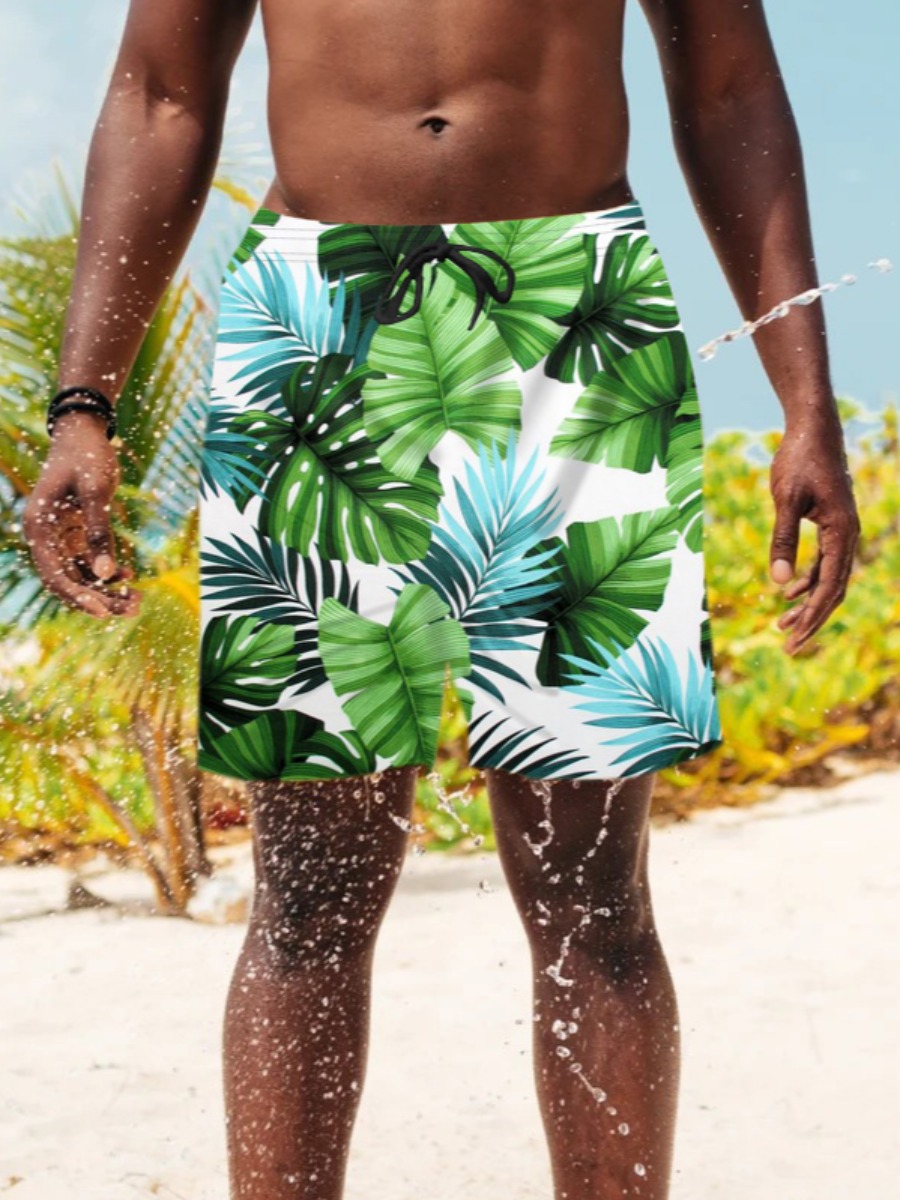 

LW Men Boho Floral Print Drawstring Grass Green Swimming Trunk