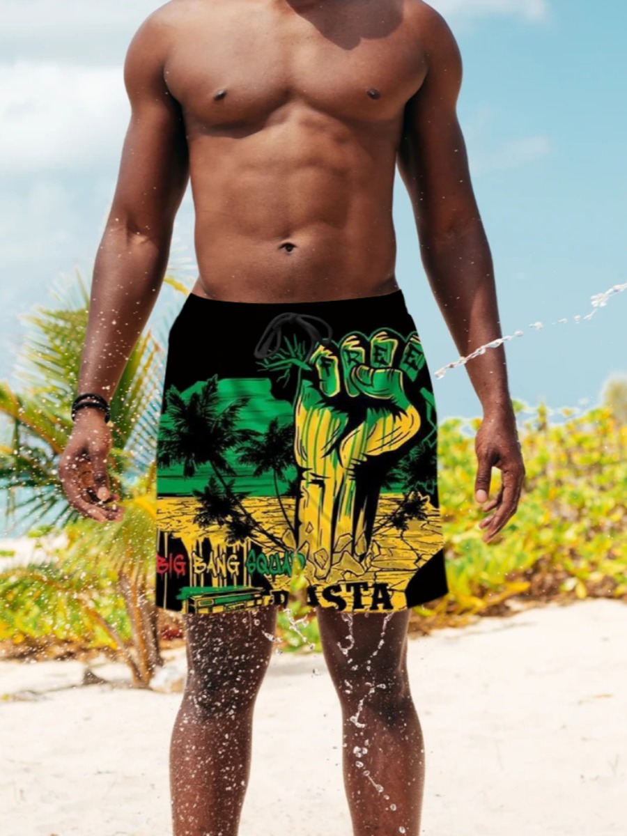 

Lovely Men Boho Fist Letter Print Black Swimming Trunk