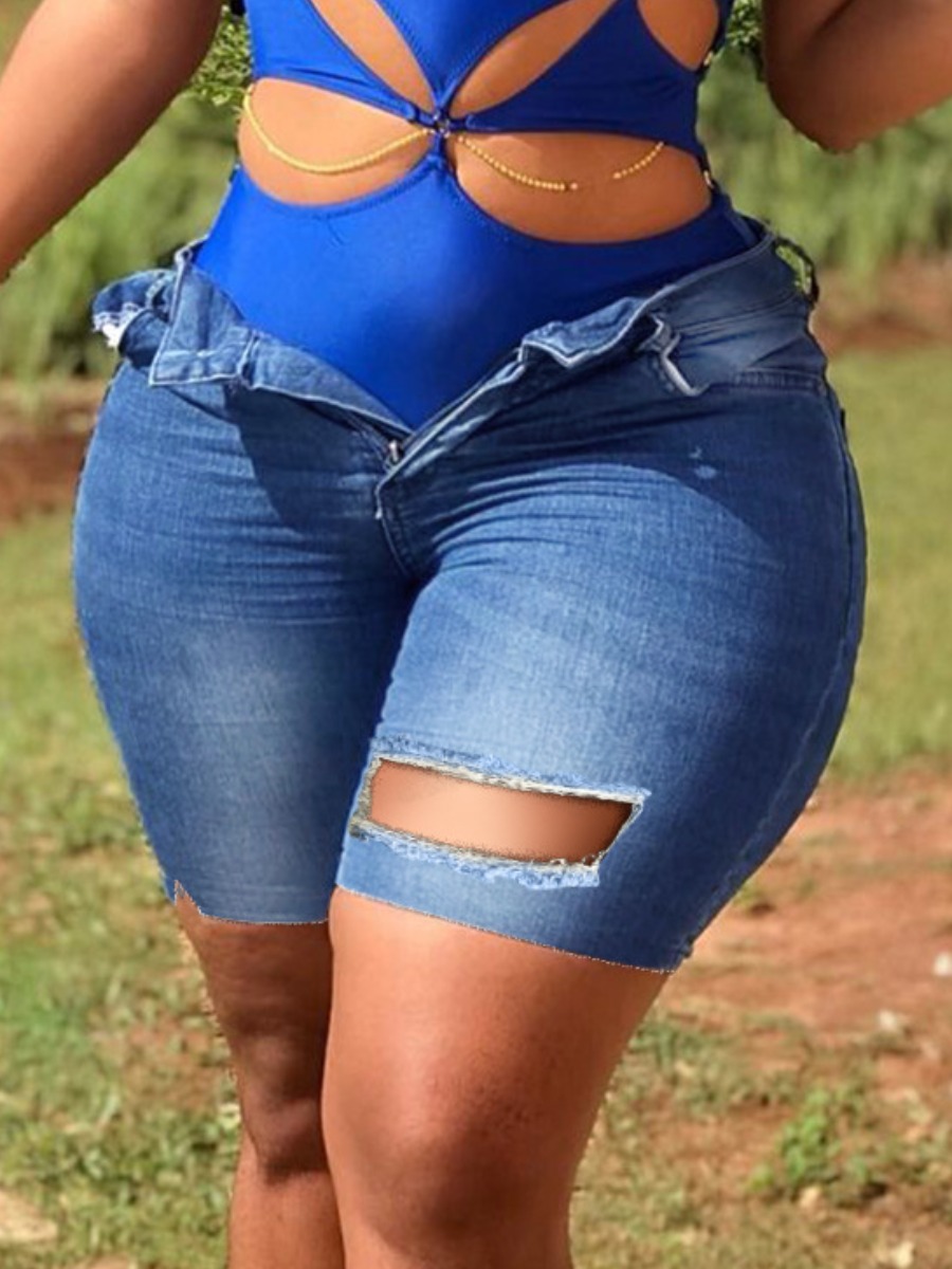 

Lovely Street Mid Waist Ripped Blue Denim Shorts