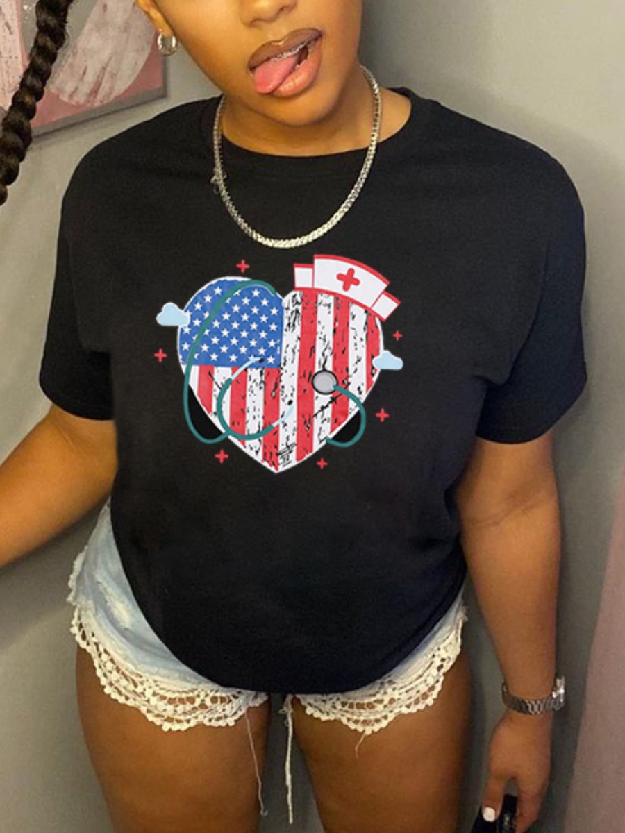 

Lovely Casual Heart-shaped American Flag Print Black T-shirt