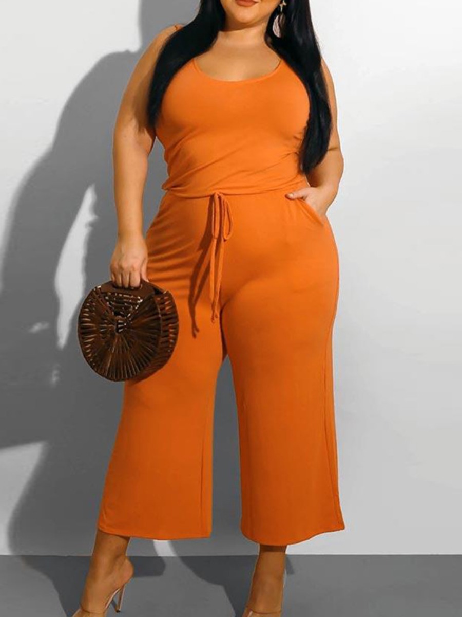 

Lovely Plus Size Casual U Neck Drawstring Orange Yellow One-piece Jumpsuit
