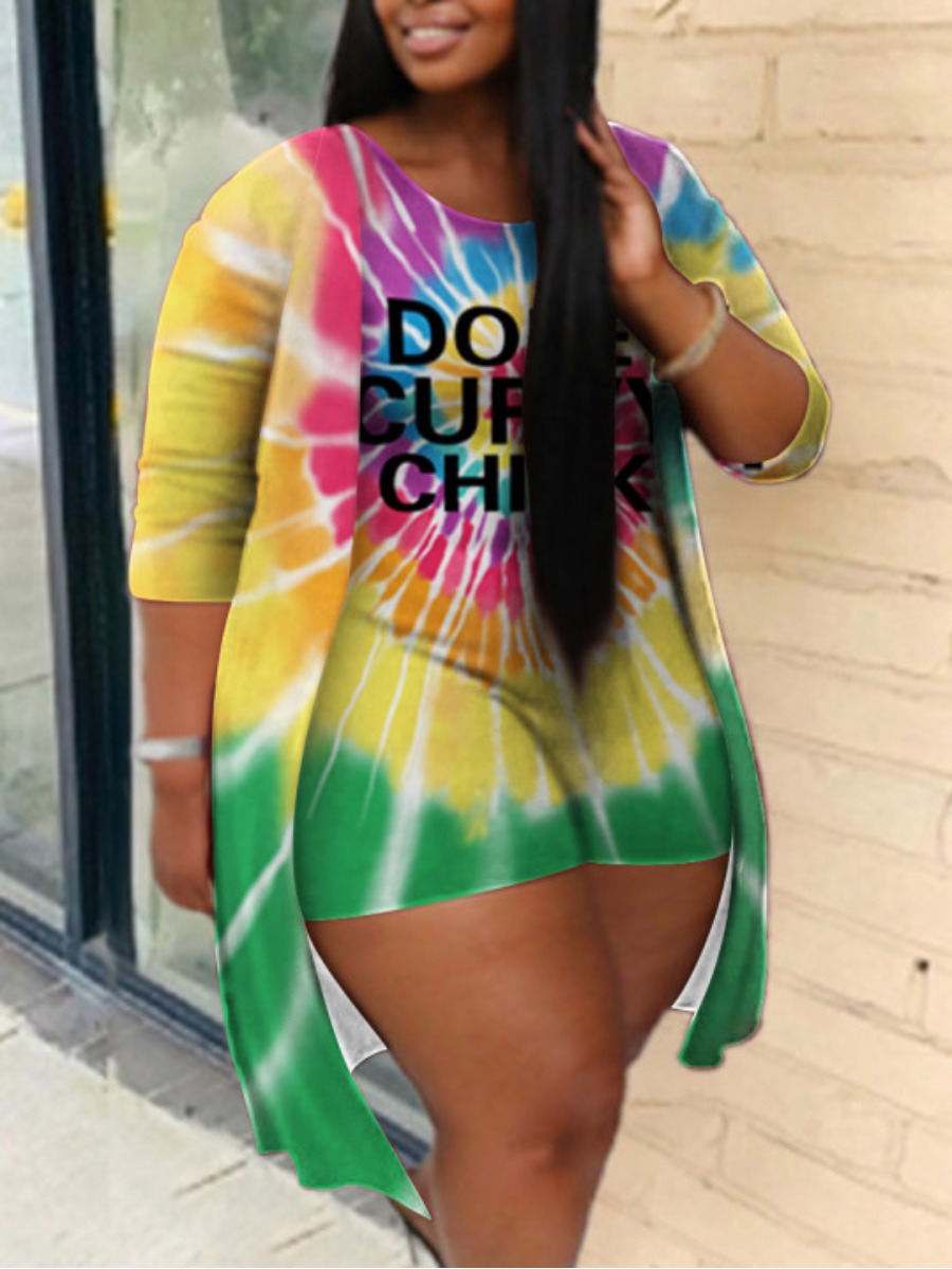 

LW Plus Size Casual Tie-dye Letter Print Yellow Two-piece Shorts Set