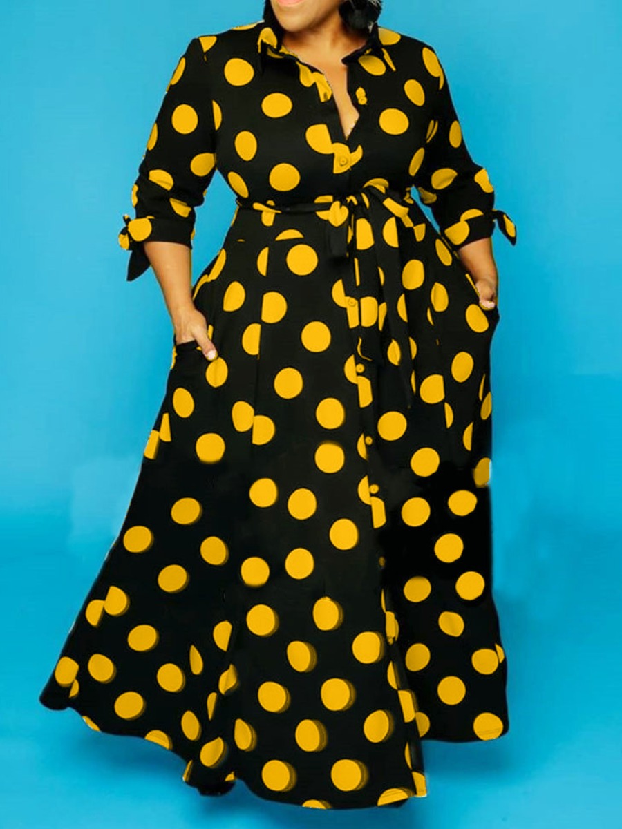 

LW Plus Size Casual Dot Print Bandage Design Deep Yellow Floor Length Dress