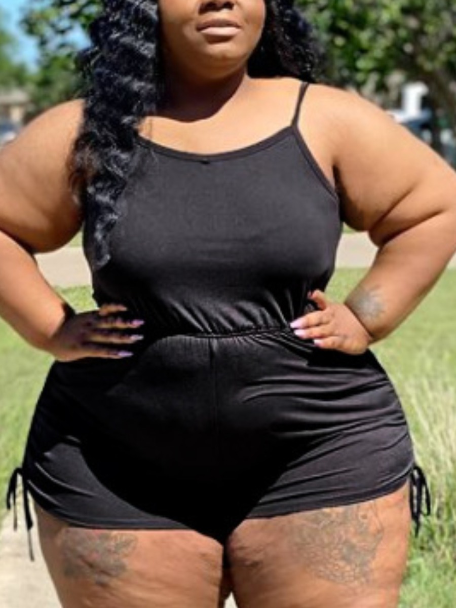 

Lovely Plus Size Casual Round Neck Drawstring Black One-piece Romper