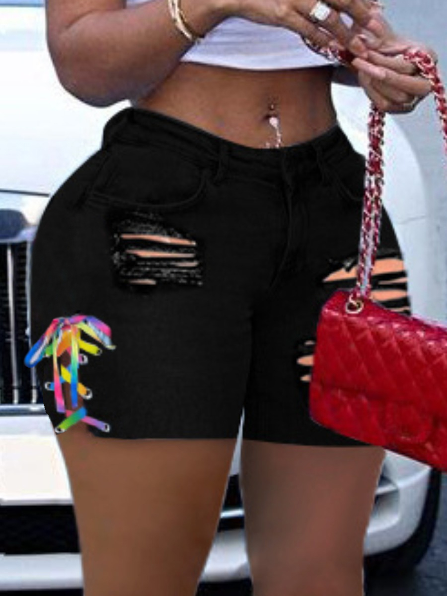 

LW Casual Ripped Bandage Design Black Denim Shorts