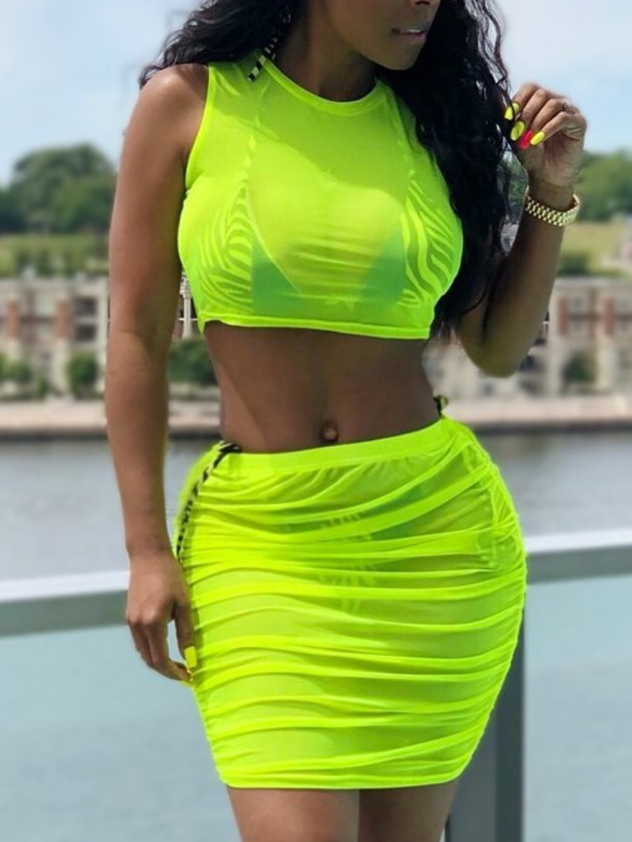

LW SXY Round Neck See-through Green Two Piece Skirt Set