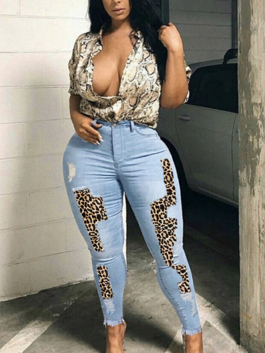 

Lovely Casual Leopard Print Ripped Baby Blue Jeans