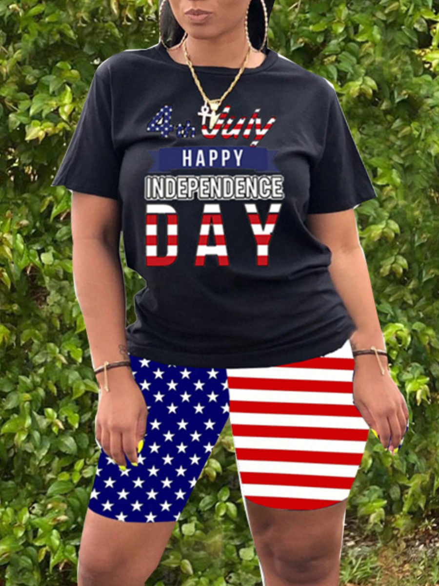 

Lovely Plus Size Street American Flag Letter Print Black Two-piece Shorts Set