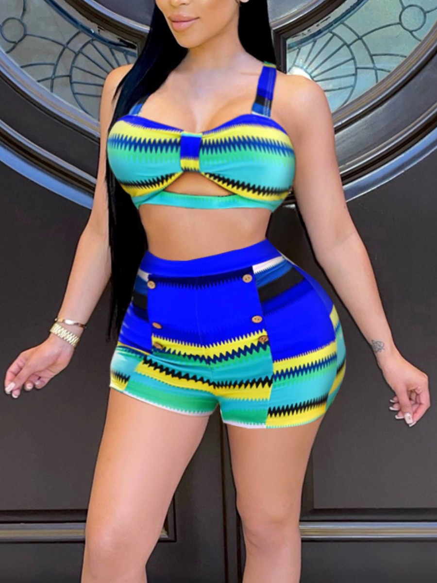 

LW Boho Geometric Print Holllow-out Deep Blue Two-piece Swimsuit