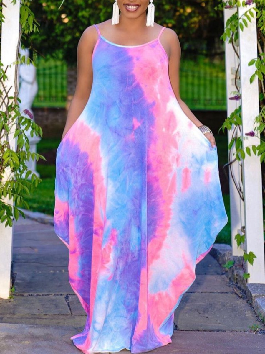 

Lovely Plus Size Boho U Neck Tie-dye Multicolor Floor Length Dress, Multi