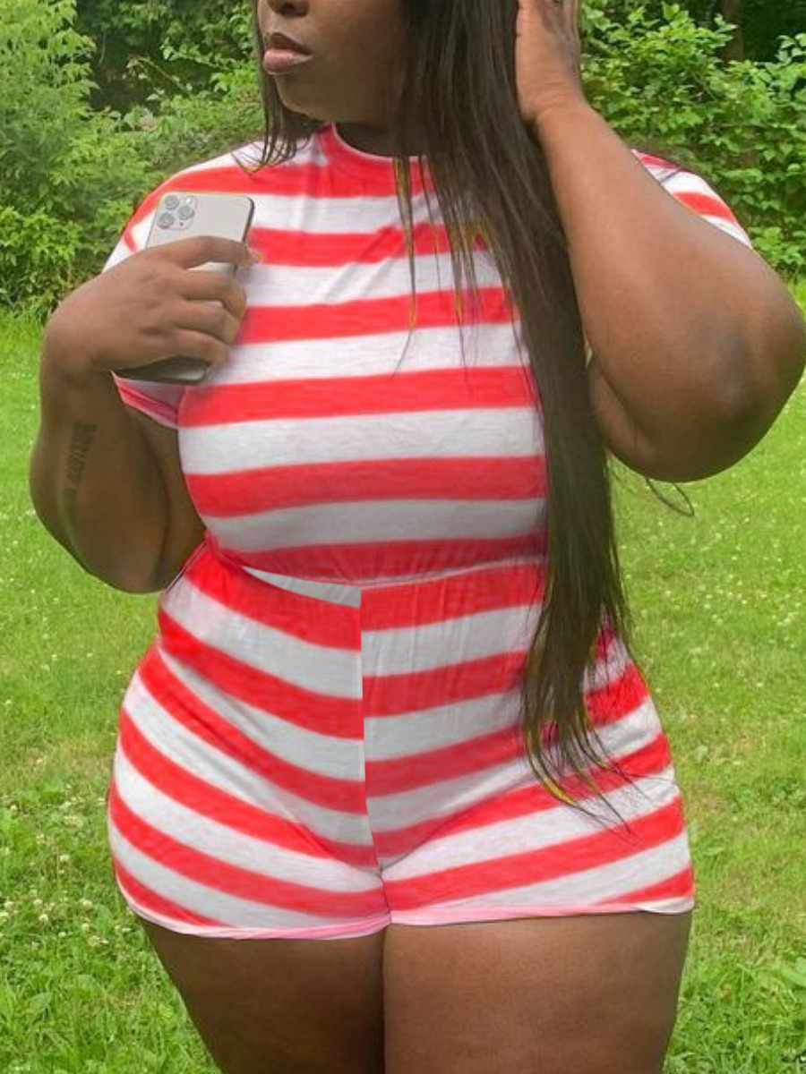 

LW Plus Size Casual Round Neck Striped Red One-piece Romper