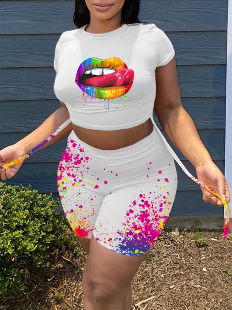

Lovely Street Lip Print Splash-ink Design Drawstring White Two Piece Shorts Set