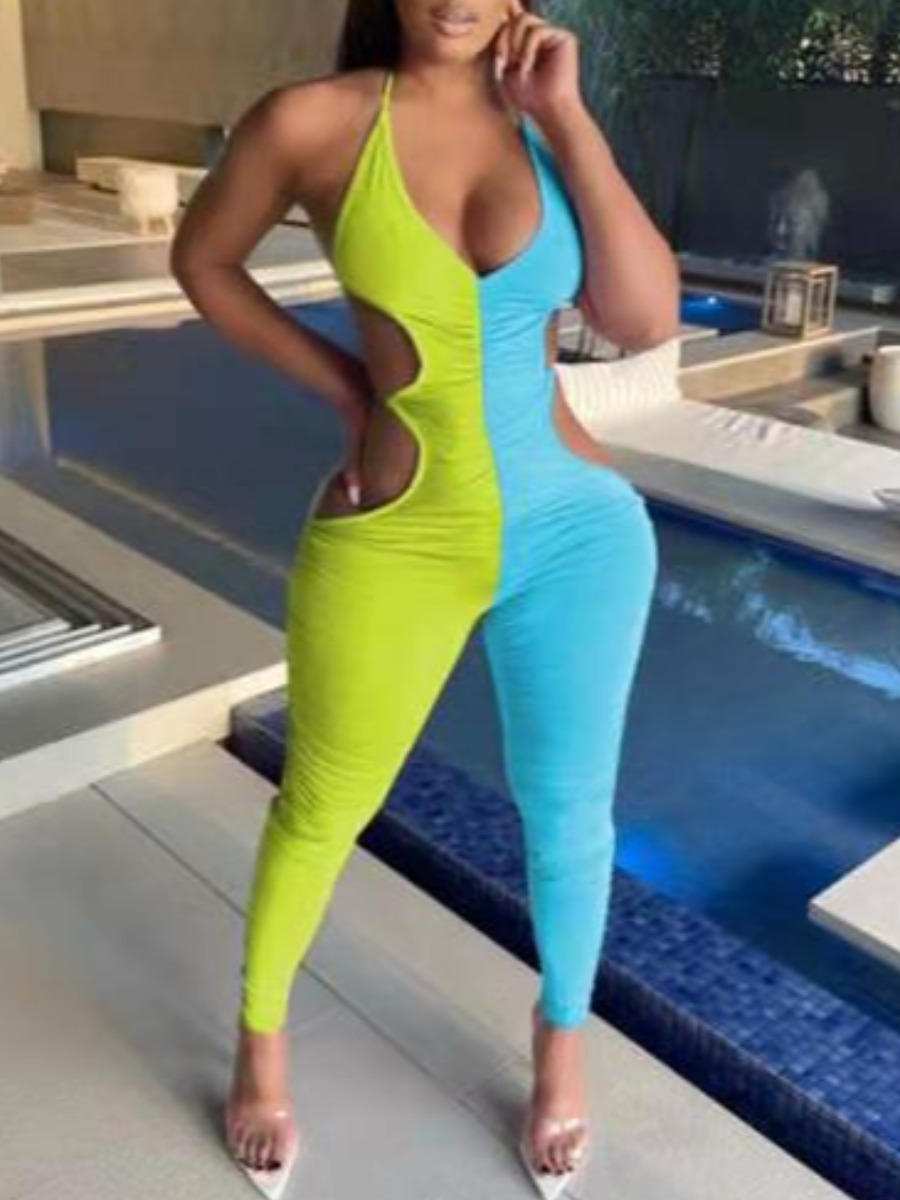 

LW SXY Color-lump Backless Cyan One-piece Jumpsuit