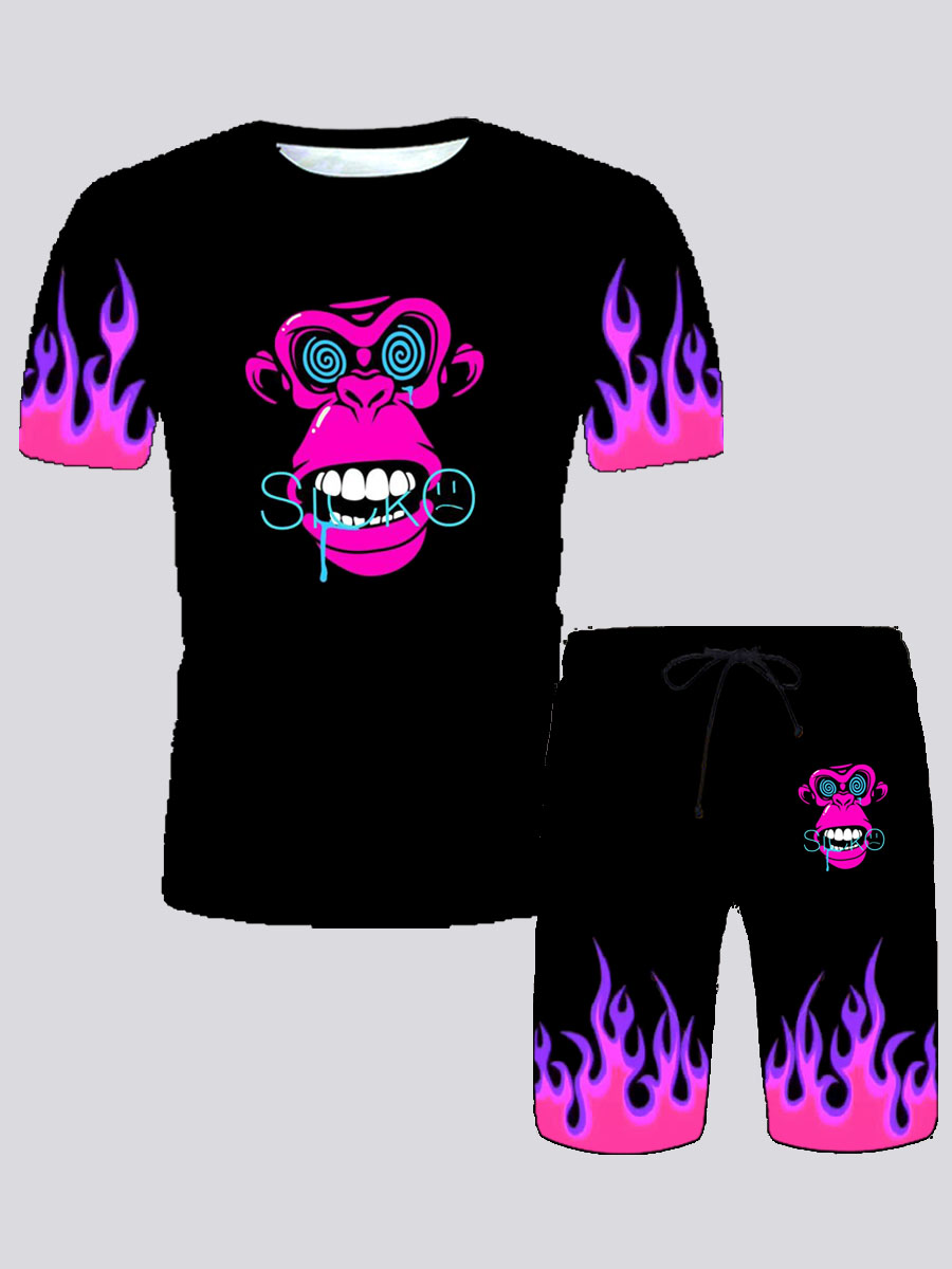 

Lovely Men Street Cartoon Flame Print Black Two Piece Shorts Set