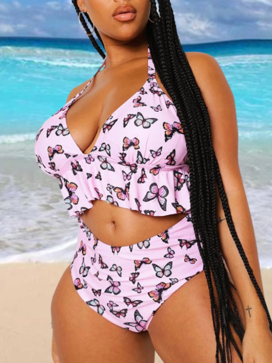 

Lovely Boho Butterrfly Print Flounce Design Pink Two-piece Swimsuit