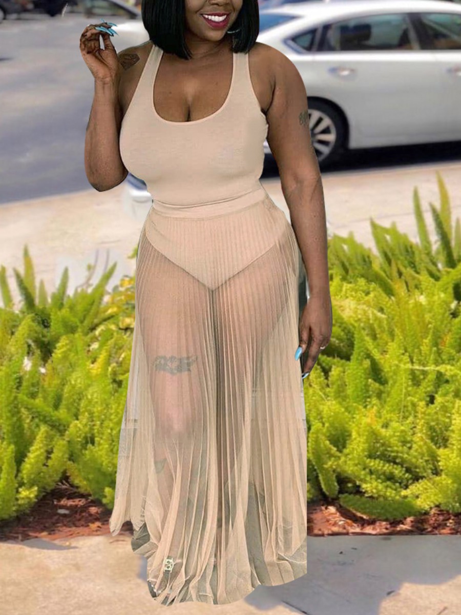 

Lovely Boho U Neck See-through Cream-colored One-piece Swimsuit