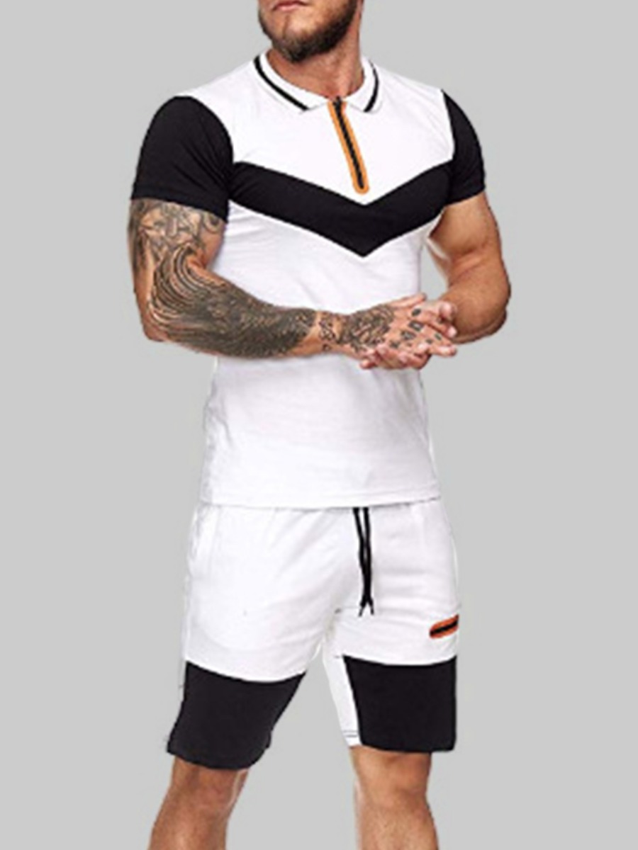 

Lovely Men Casual Color-lump Drawstring White Two Piece Shorts Set