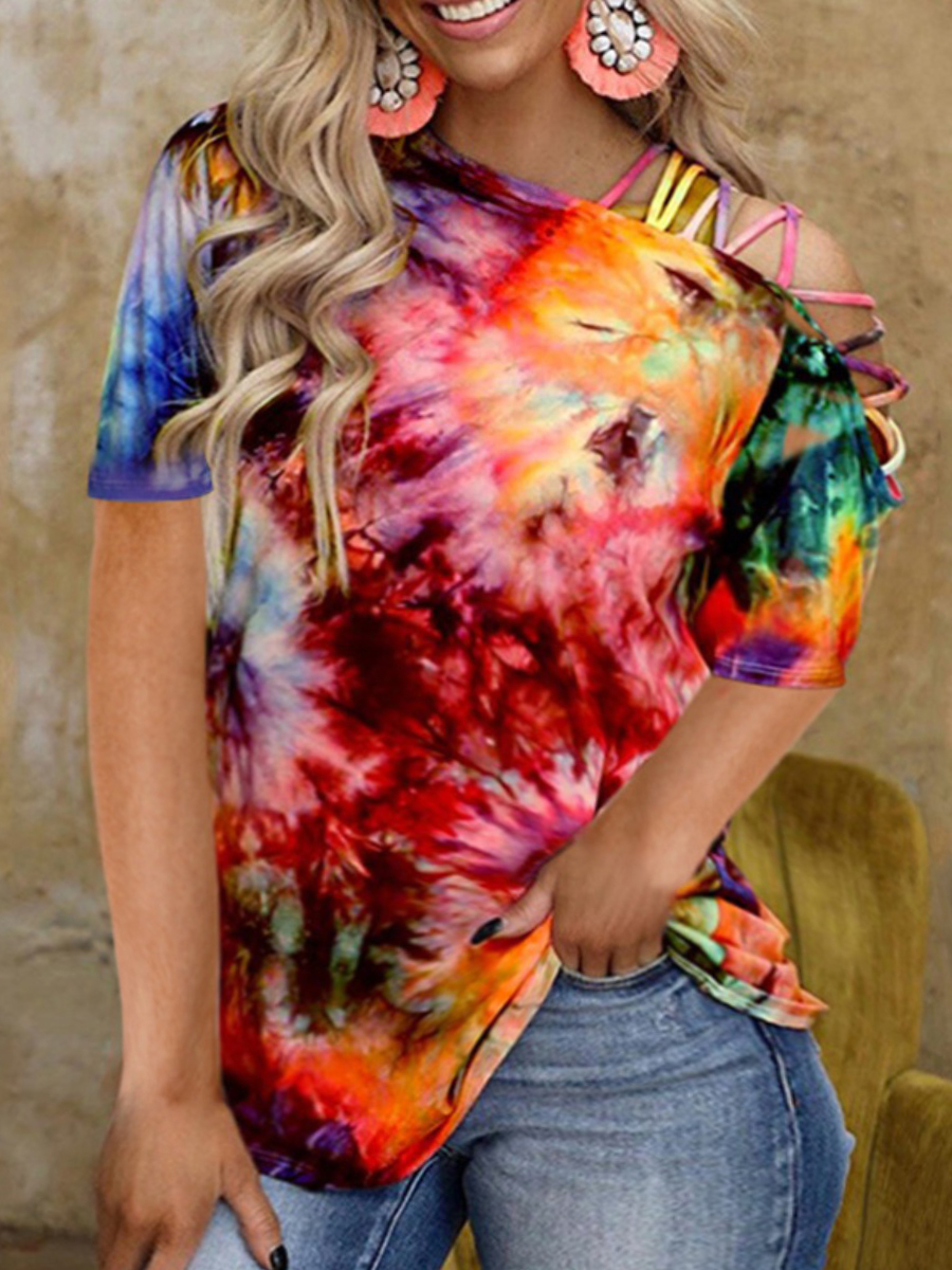 

LW Plus Size Casual Tie-dye Hollow-out Mulitucolor T-shirt, Multi