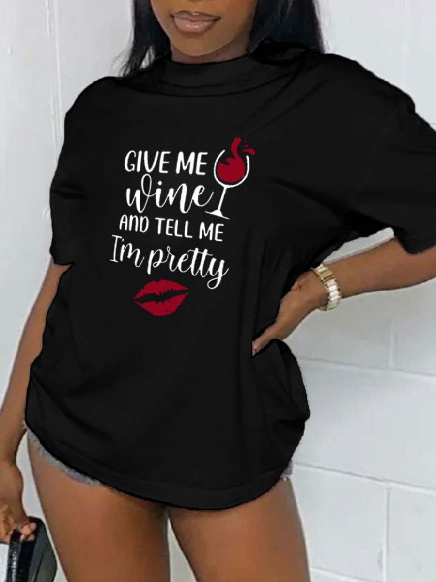 

Lovely Casual Round Neck Lip Letter Print Black T-shirt