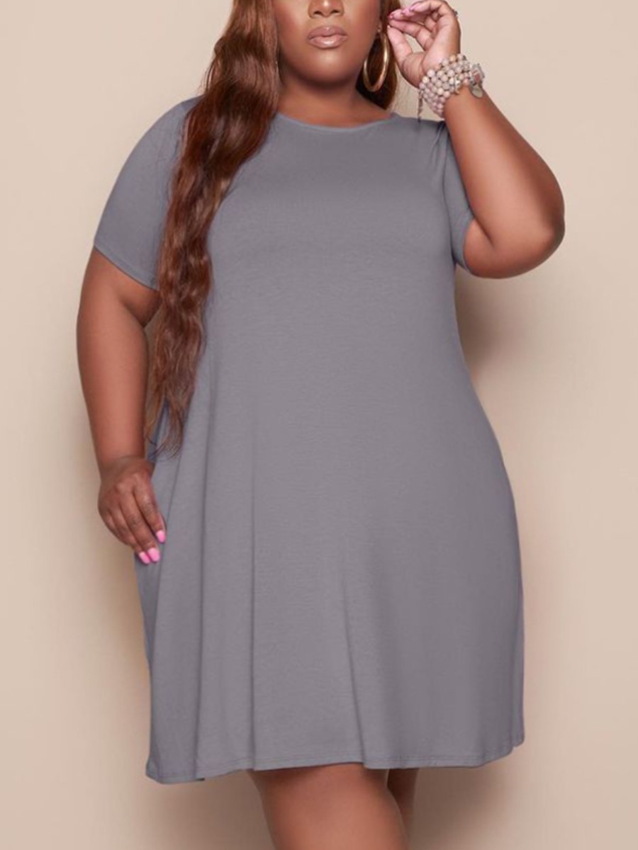 

Lovely Plus Size Casual Round Neck Pocket Design Grey Knee Length Dress