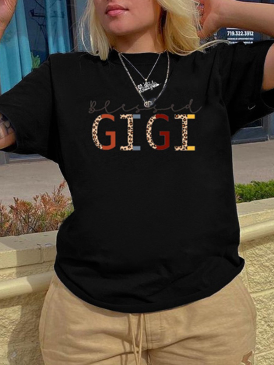 

Lovely Plus Size Casual Round Neck Letter Print Black T-shirt