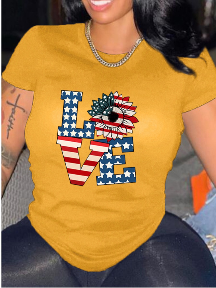 

Lovely Plus Size Sunflower Street American Flag Letter Print Lemon Yellow T-shirt