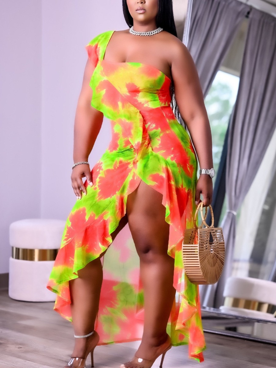 

Lovely Sweet Tie-dye Flounce Design Yellow Ankle Length Asymmetrical Dress