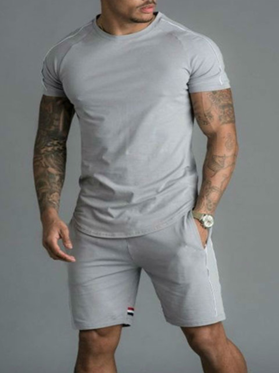 

Lovely Men Casual Striped Pocket Design Grey Two Piece Shorts Set