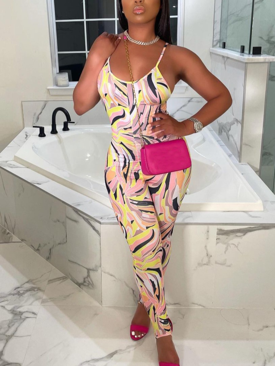 

Lovely Street Print Patchwork Skinny Multicolor One-piece Jumpsuit, Multi