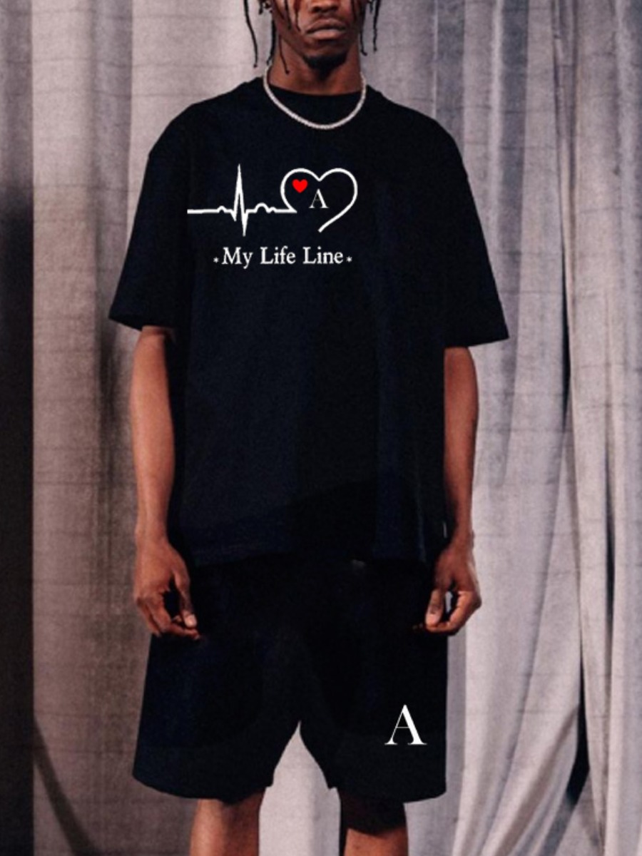 

Lovely Men Casual Drawstring Letter Print Black Two Piece Shorts Set