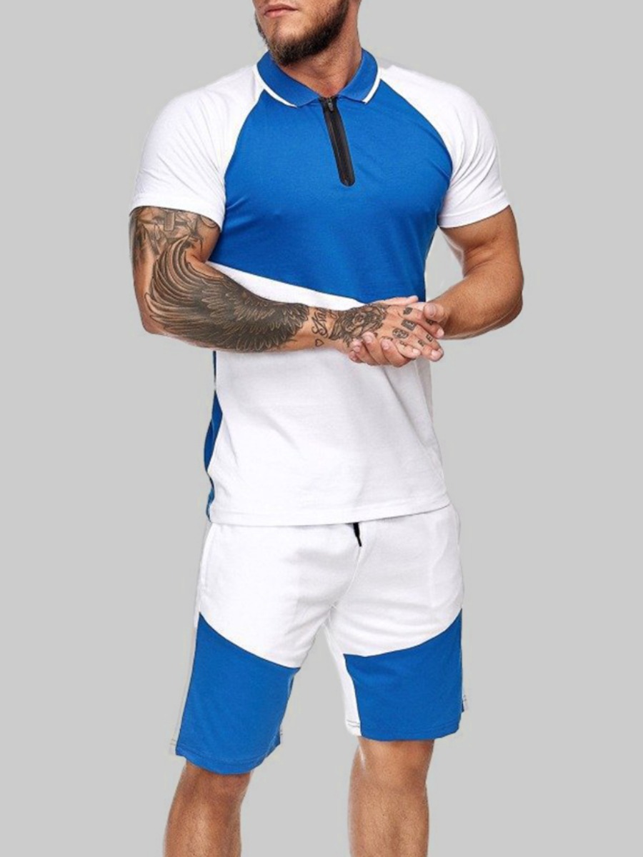 

Lovely Men Casual Drawstring Patchwork Blue Two Piece Shorts Set