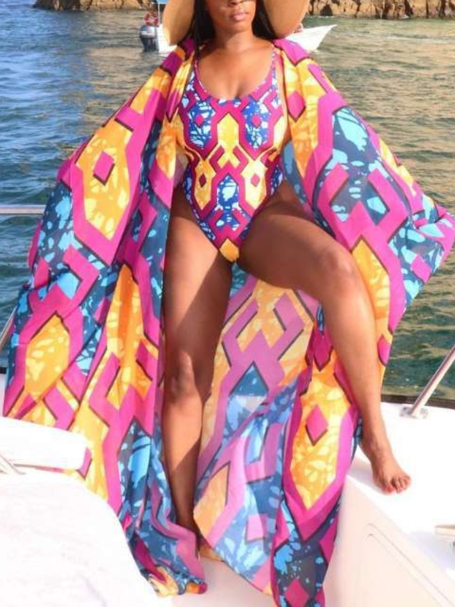 

Lovely Boho U Neck Geometric Print Multicolor One-piece Swimsuit (With Cover-up), Multi