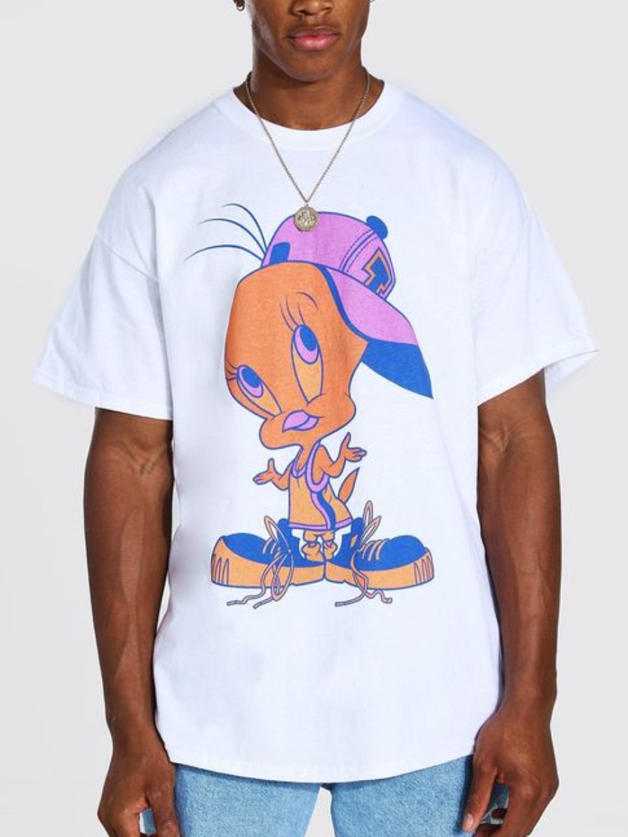 

LW Men Casual Round Neck Cartoon Print White T-shirt