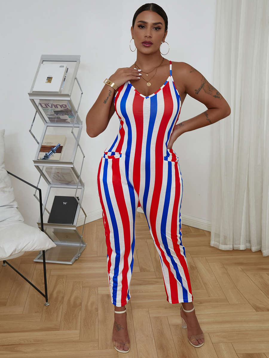 

LW Casual V Neck Striped Red One-piece Jumpsuit