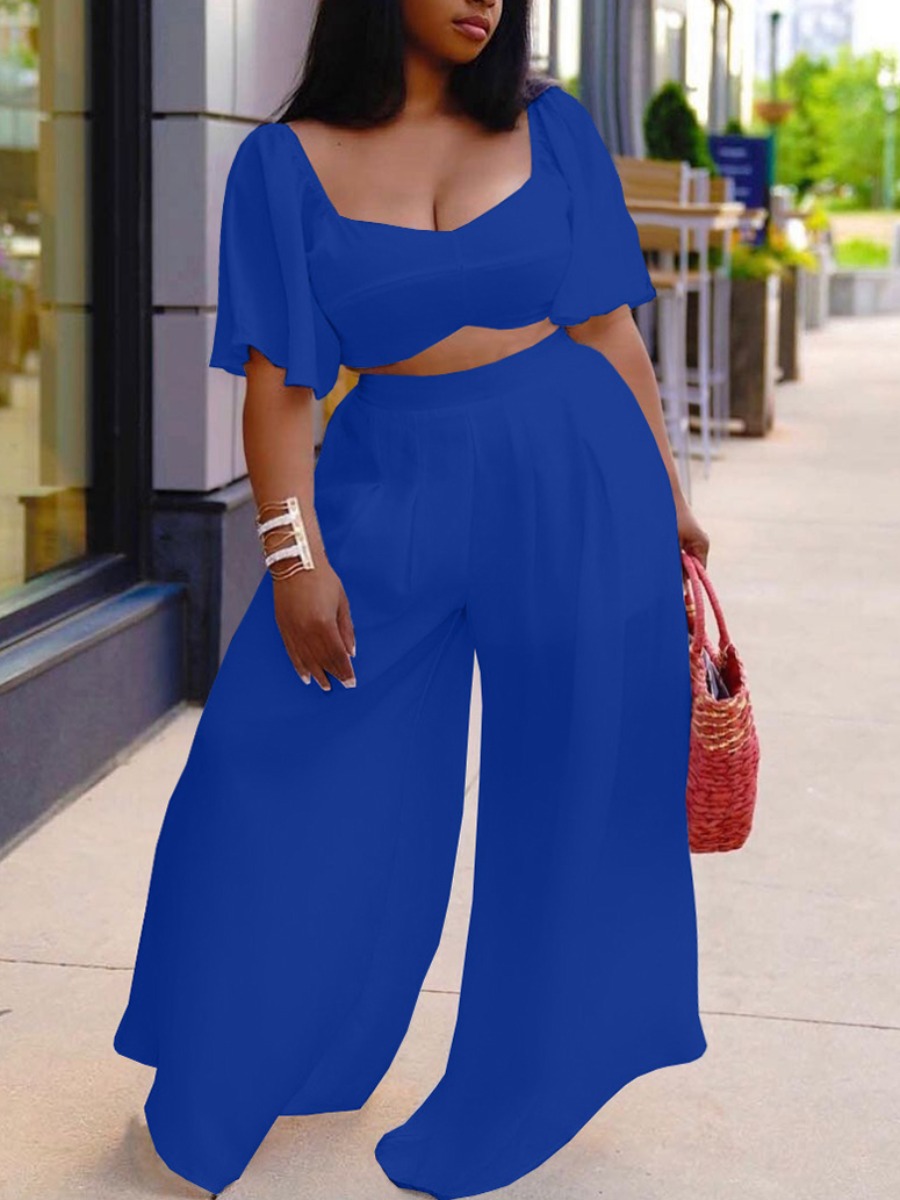

Lovely Plus Size Casual U Neck Looose Royalblue Two-piece Pants Set