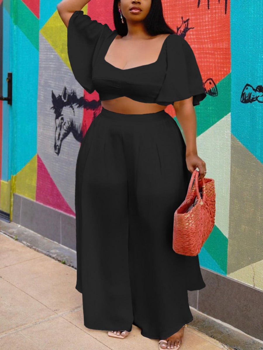 

Lovely Plus Size Casual U Neck Looose Black Two-piece Pants Set