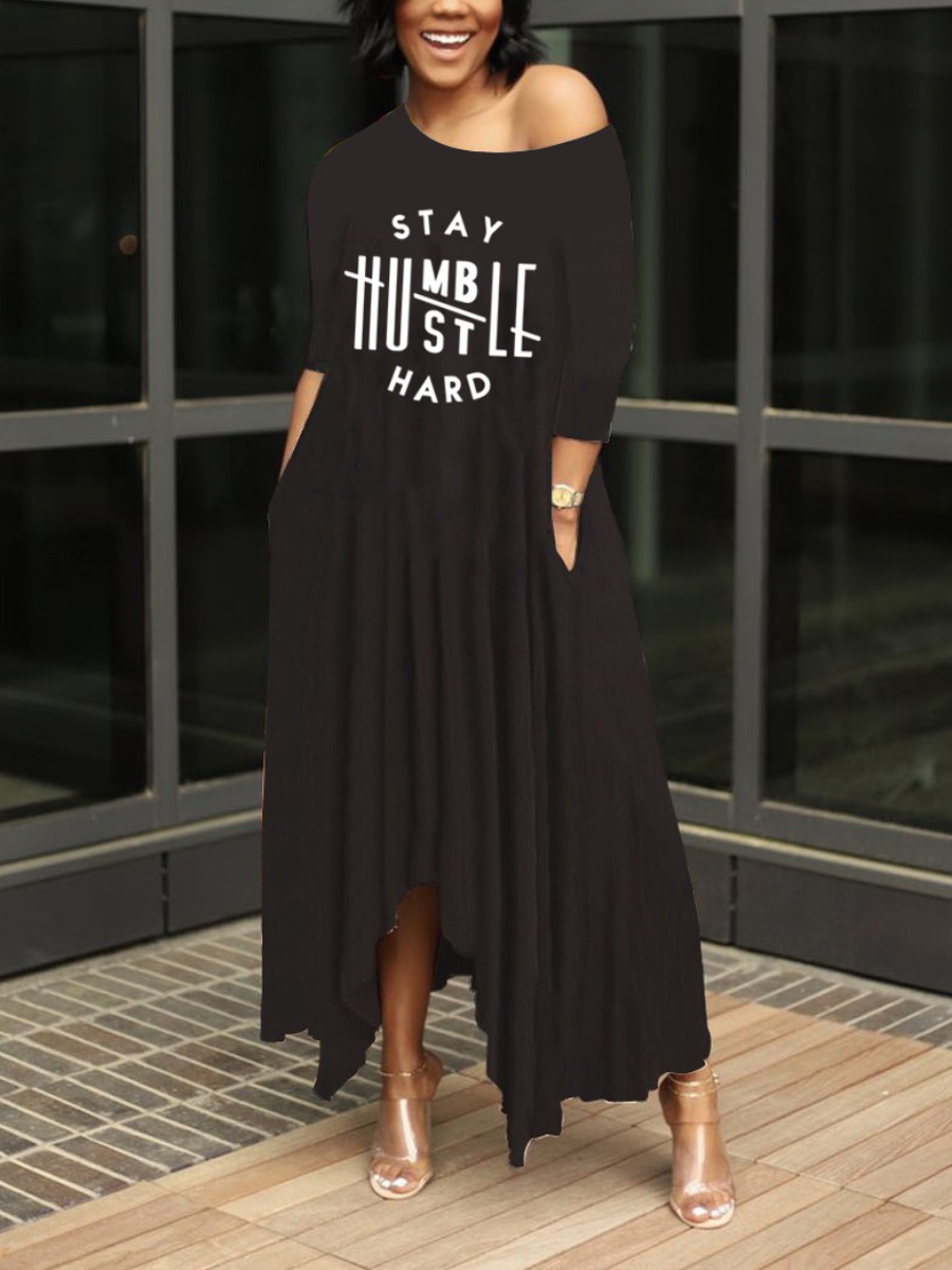 

Lovely Casual Round Neck Letter Print Black Ankle Length Asymmetrical Dress