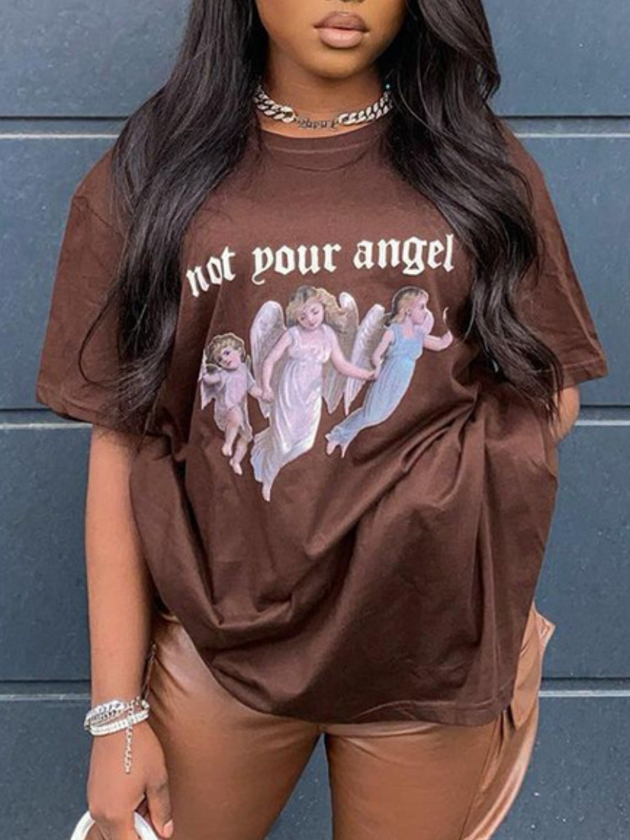 

Lovely Casual Angel Letter Print Brown T-shirt