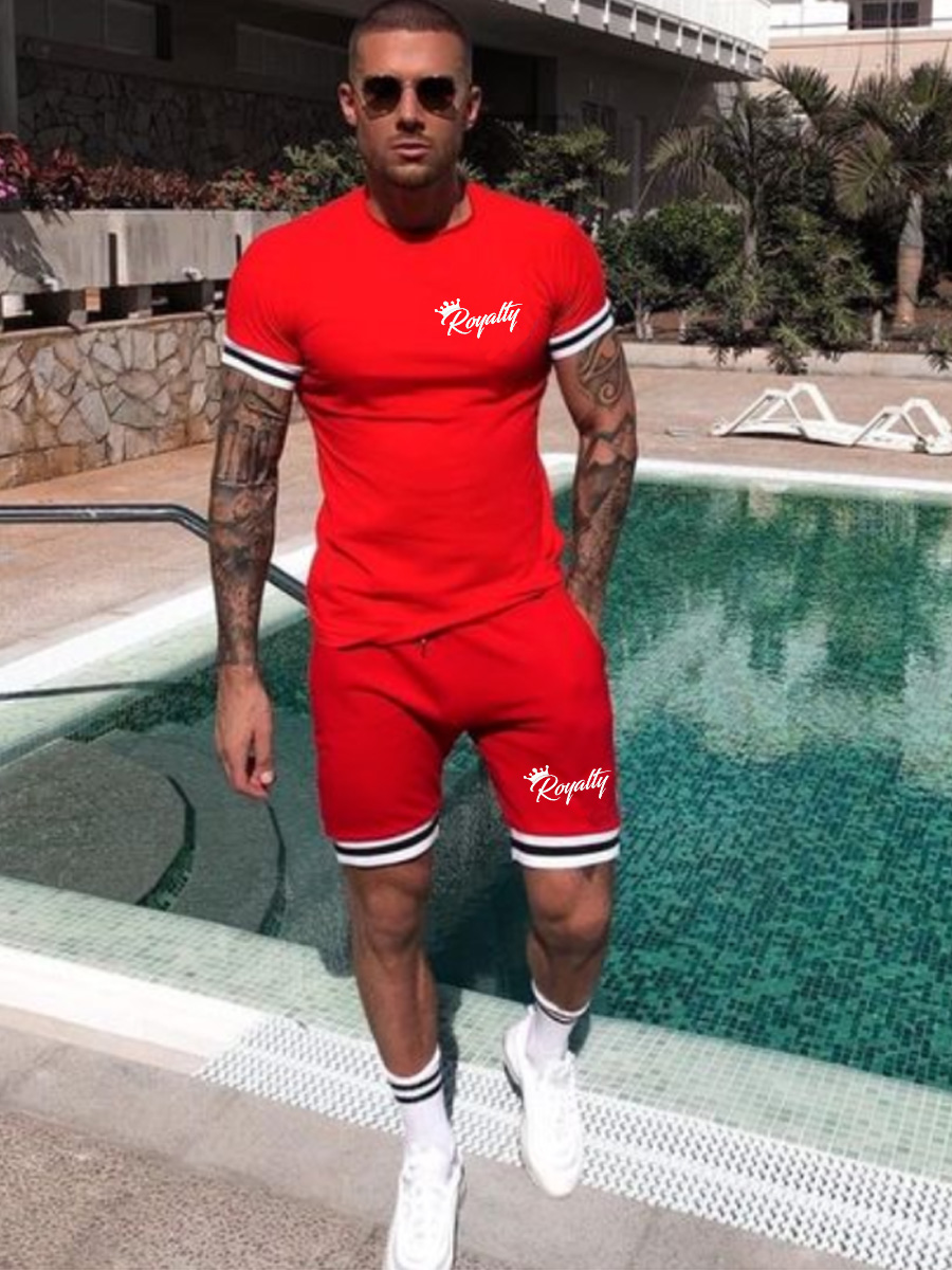 Lovely Men Sporty Letter Print Striped Red Two Piece Shorts Set