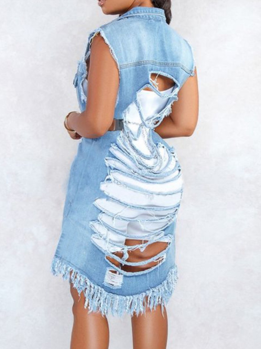 

LW Turndown Collar Ripped Denim Coat, Baby blue