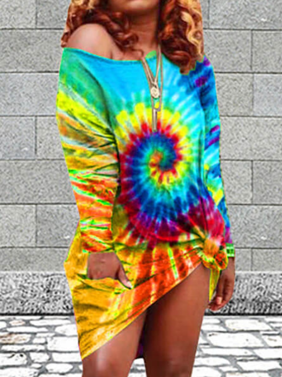 

LW Street O Neck Tie-dye Blue Knee Length Dress