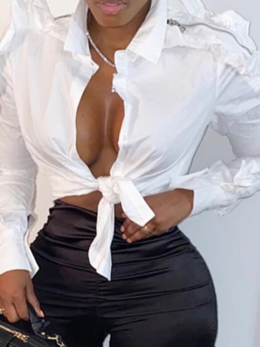 

LW COTTON Sweet Turndown Collar Flounce Design White Blouse