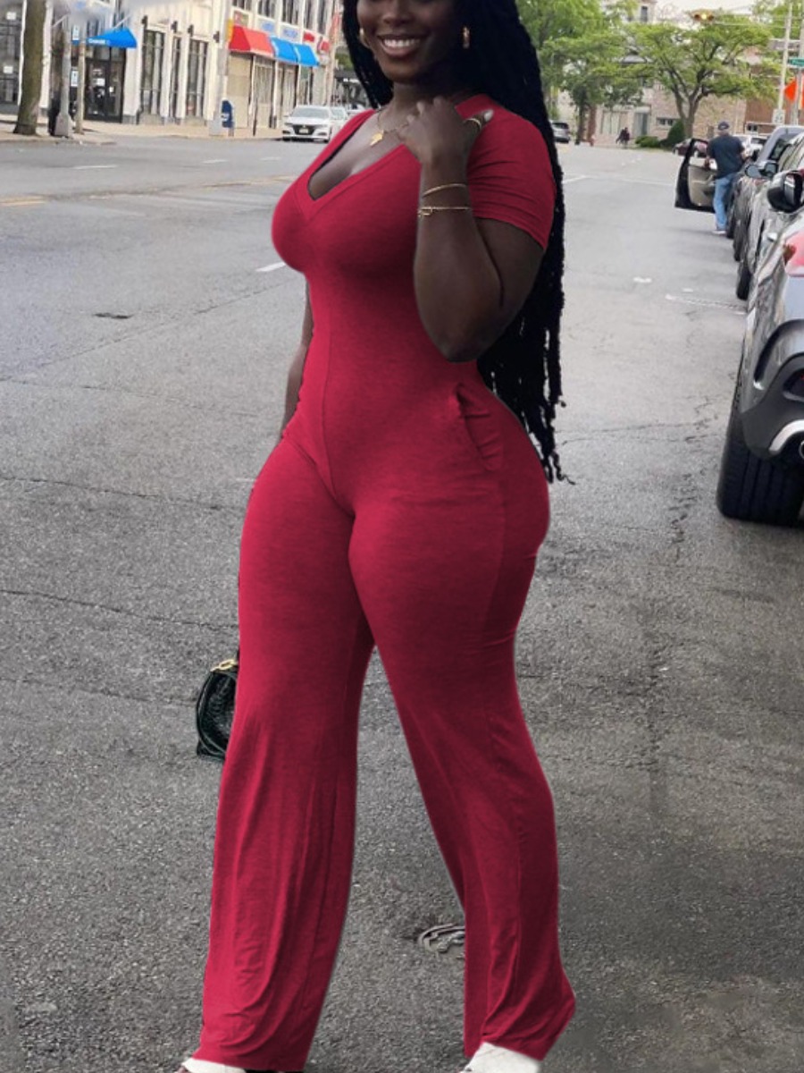 

Lovely Plus Size Casual V Neck Pocket Design Red One-piece Jumpsuit