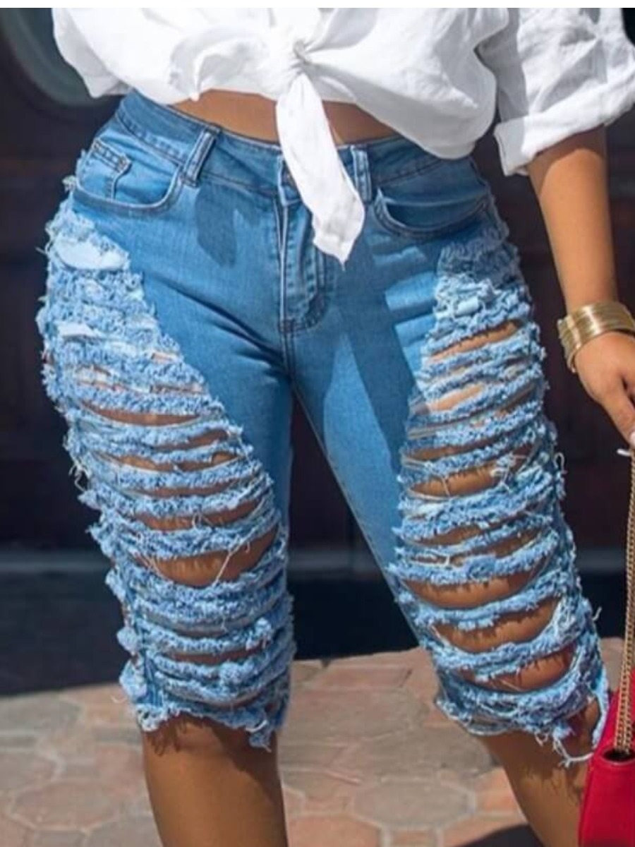 

Lovely Trendy Hollow-out Blue Shorts