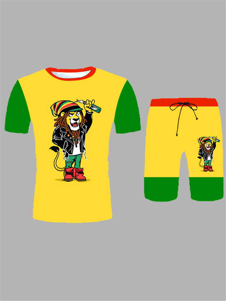 

Lovely Men Casual Cartoon Print Patchwork Yellow Two Piece Shorts Set