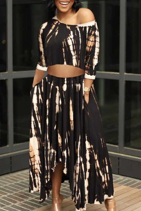 

Lovely Plus Size Casual Tie-dye Asymmetrical Black Two-piece Skirt Set
