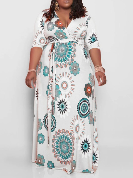 

LW Plus Size Casual V Neck Print White Floor Length Dress